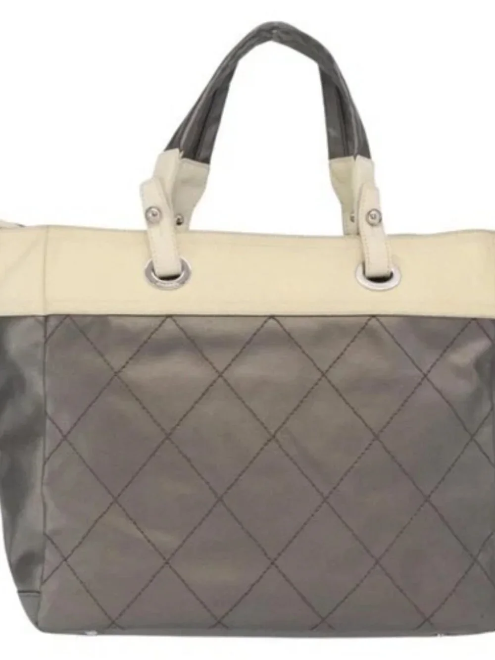 CHANEL Paris Biarritz GM Tote Bag Nylon Silver CC Auth BA10114